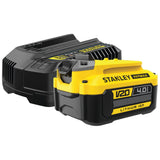 Batterie Stanley Fatmax V20 lithium ion jaune et noire avec chargeur, type outillage électrique.