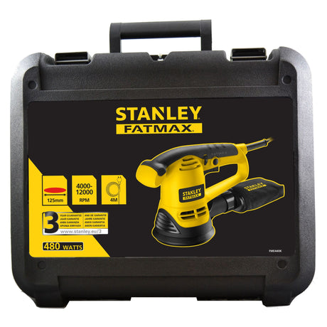 Ponceuse électrique Stanley Fatmax, jaune et noire, avec coffret de transport.