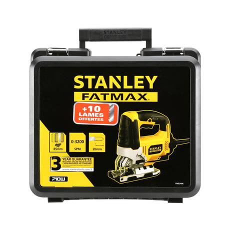 Scie sauteuse Stanley Fatmax électrique, jaune et noire, avec mallette et 10 lames offertes