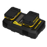 Chargeur double noir et jaune Stanley Fatmax avec deux batteries, type outillage électroportatif.