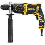 Perceuse Stanley, type FATMAX, couleur jaune et noire, avec poignée latérale.
