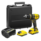 Perceuse-visseuse Stanley jaune et noire avec batterie, chargeur et mallette
