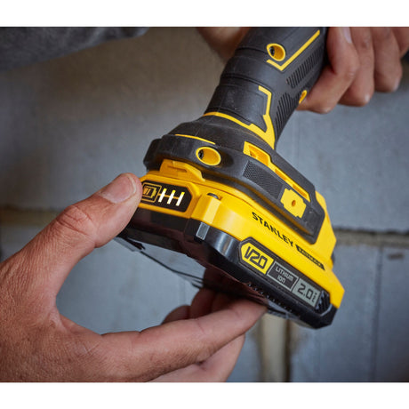 Perceuse sans fil Stanley, couleur jaune et noire, batterie lithium 20V