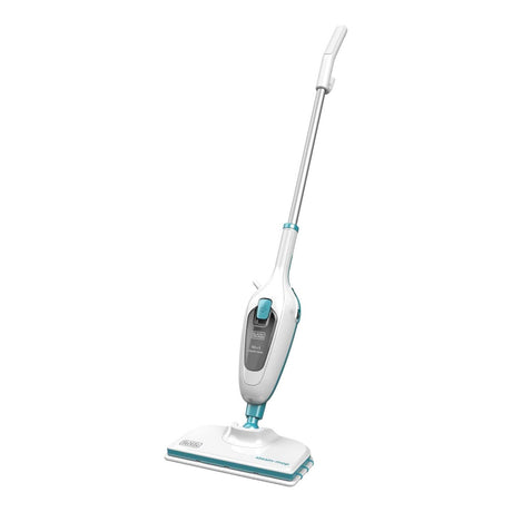 Balai vapeur Black+Decker, nettoyeur vapeur, blanc et bleu, design moderne.