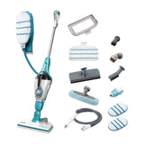 Balai vapeur Black+Decker bleu et blanc avec accessoires de nettoyage multifonctions.
