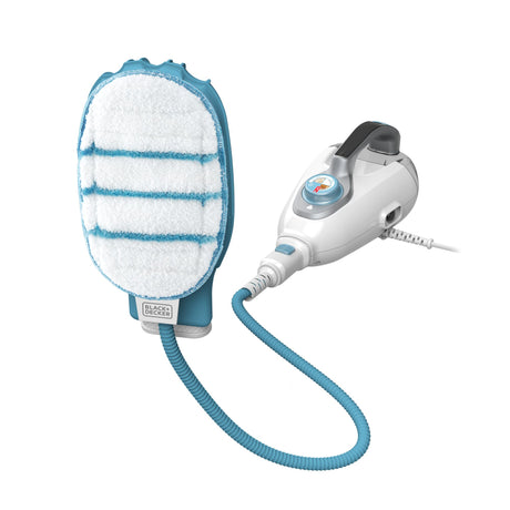 Nettoyeur vapeur Black+Decker, type gant, couleur blanc et bleu.
