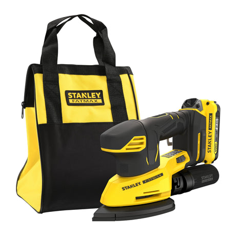 Ponceuse électrique Stanley Fatmax triangulaire jaune et noire avec sac de transport.