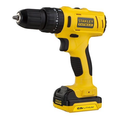 Perceuse sans fil Stanley Fatmax jaune et noire, outil électroportatif avec batterie lithium.