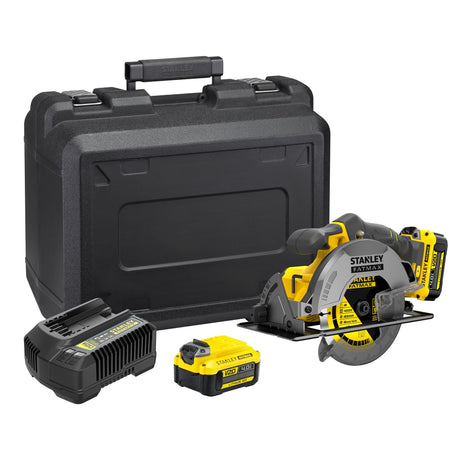 Scie circulaire Stanley Fatmax, outillage électroportatif jaune et noir avec mallette, batterie et chargeur.