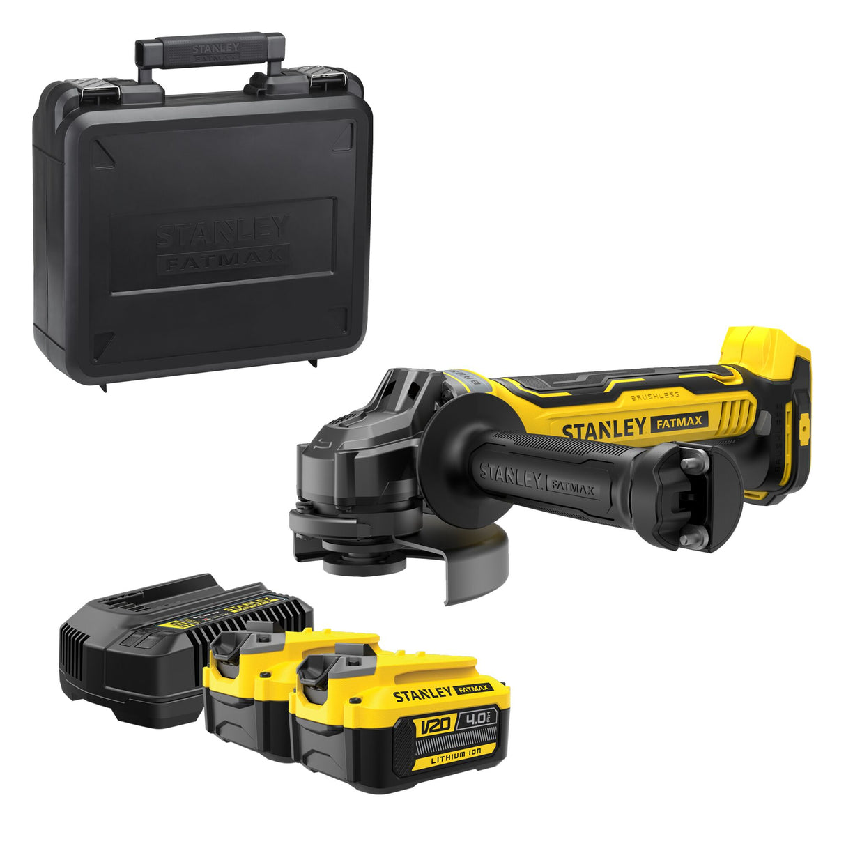 Meuleuse sans fil Stanley Fatmax, couleur jaune et noire, avec batteries et mallette.