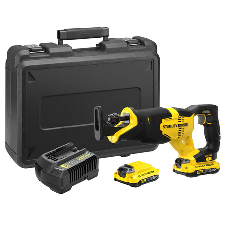 Scie sabre Stanley FATMAX jaune et noire avec deux batteries, chargeur et coffret rigide.