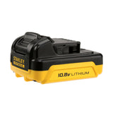Batterie Stanley Fatmax, type lithium 10.8V, couleur jaune et noire.