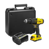 Perceuse sans fil Stanley jaune et noire avec batterie, chargeur et mallette, outil électroportatif