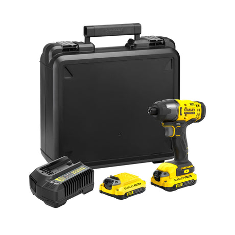 Vissage sans fil Stanley, perceuse-visseuse jaune et noire avec batteries et mallette