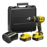 Perceuse-visseuse sans fil Stanley, couleur jaune et noire, avec deux batteries, chargeur et mallette.