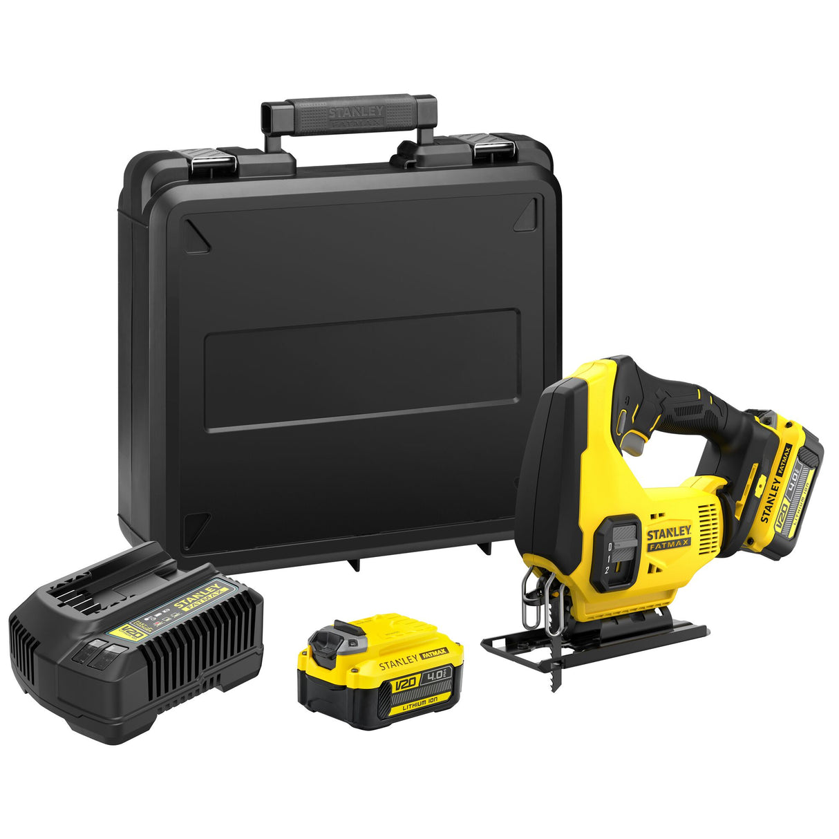 Scie sauteuse sans fil Stanley jaune et noire avec valise, batterie et chargeur