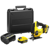 Scie sauteuse sans fil Stanley jaune et noire avec valise, batterie et chargeur