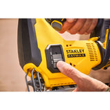 Scie sauteuse Stanley Fatmax jaune et noire, gros plan sur la poignée et le bouton de réglage