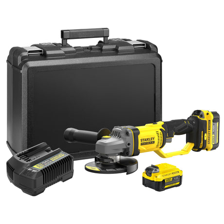 Meuleuse d’angle Stanley, couleur jaune et noire, avec batterie, chargeur et mallette.