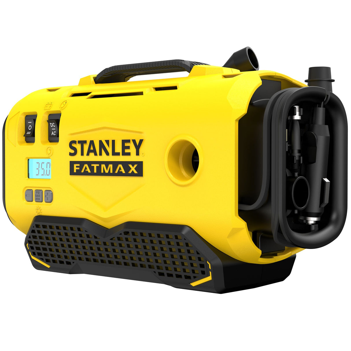 Compresseur jaune Stanley Fatmax, appareil d'outillage électrique portable.