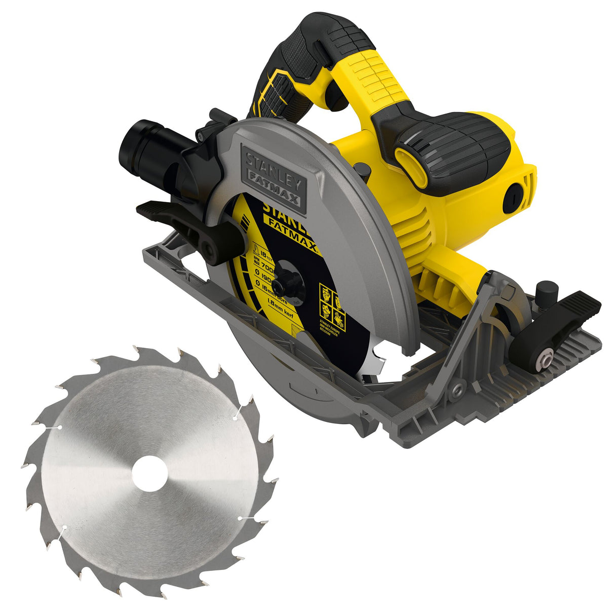 Scie circulaire Stanley Fatmax, outil électroportatif jaune et noir avec lame de rechange.