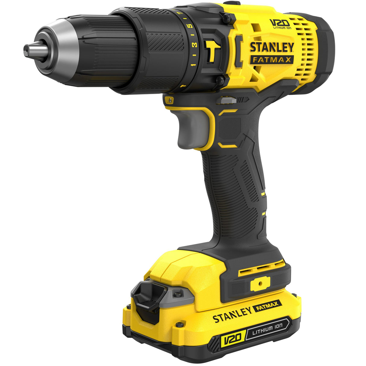 Perceuse-visseuse Stanley Fatmax jaune et noire, outil électroportatif sans fil.