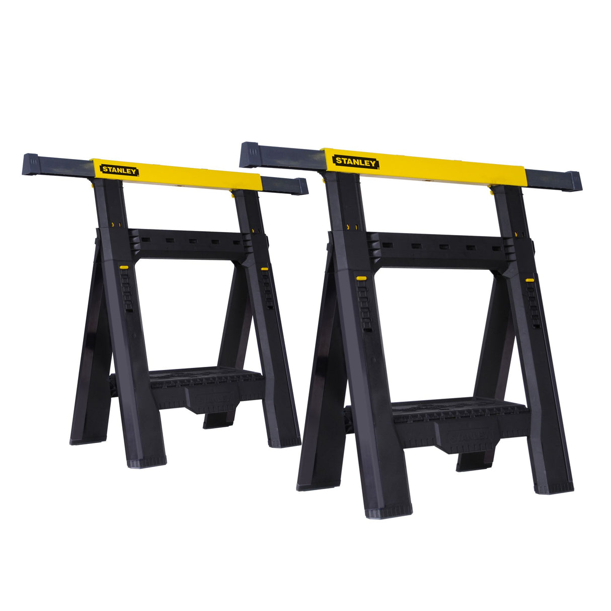 Paire de tréteaux Stanley, noir et jaune, équipement outillage robuste.