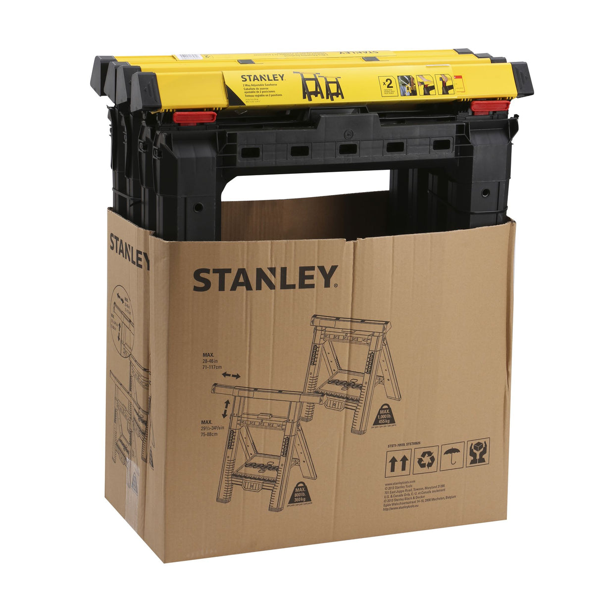 Tréteau de chantier Stanley, noir et jaune, emballé dans une boîte en carton.