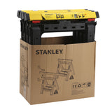 Tréteau de chantier Stanley, noir et jaune, emballé dans une boîte en carton.