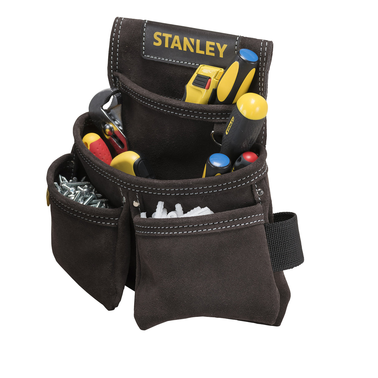 Porte-outils Stanley en cuir marron, rempli d’outils et de vis, marque visible.