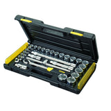 Coffret à douilles Stanley, outillage noir et jaune avec pièces chromées argentées.