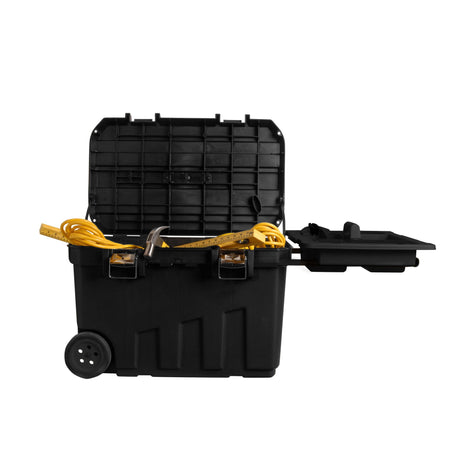 Coffre à outils Stanley noir, grande capacité, ouvert, avec outils jaunes visibles