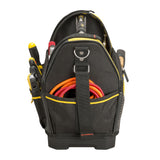 Sac à outils Stanley noir et jaune avec outils et câble visibles