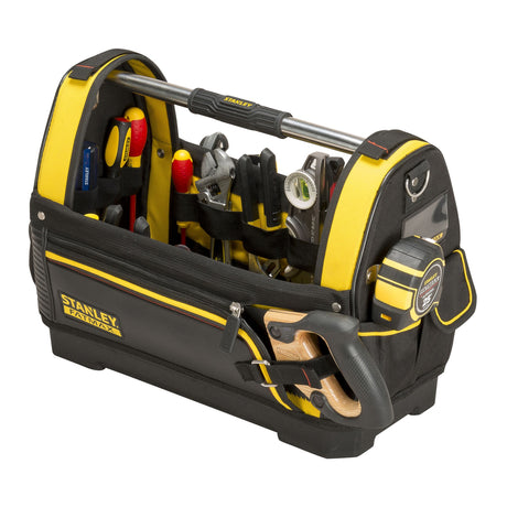 Sac à outils Stanley Fatmax, type sacoche, couleur noire et jaune, avec outils.