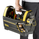 Sac à outils Stanley, type boîte de rangement, couleur noir et jaune, rempli d’outils.