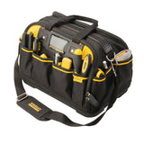 Sac à outils Stanley noir et jaune, type sacoche, avec outils visibles.