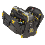 Sac à outils Stanley noir avec poches jaunes, rempli d’outils, type sacoche de chantier