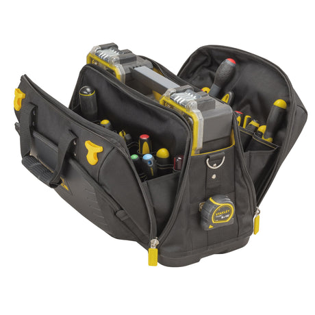 Sac à outils Stanley noir avec poches jaunes, rempli d’outils, type sacoche de chantier