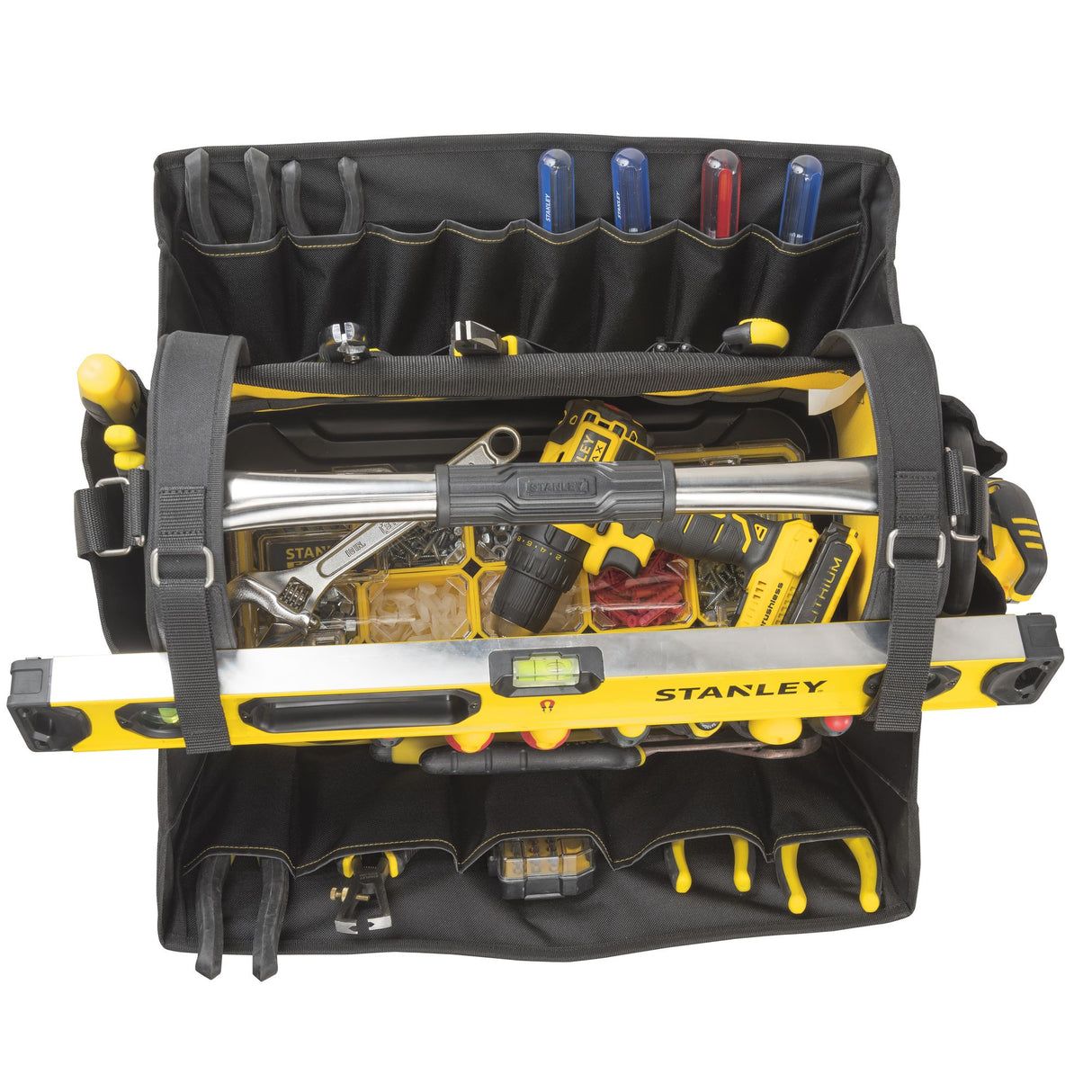 Sac à outils Stanley, sacoche noire et jaune, avec niveaux et outils divers