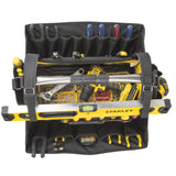 Sac à outils Stanley, sacoche noire et jaune, avec niveaux et outils divers