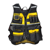 Gilet porte-outils Stanley Fatmax, noir et jaune, avec multiples poches de rangement.