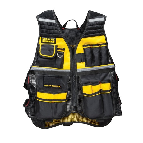 Gilet porte-outils Stanley Fatmax, noir et jaune, avec multiples poches de rangement.
