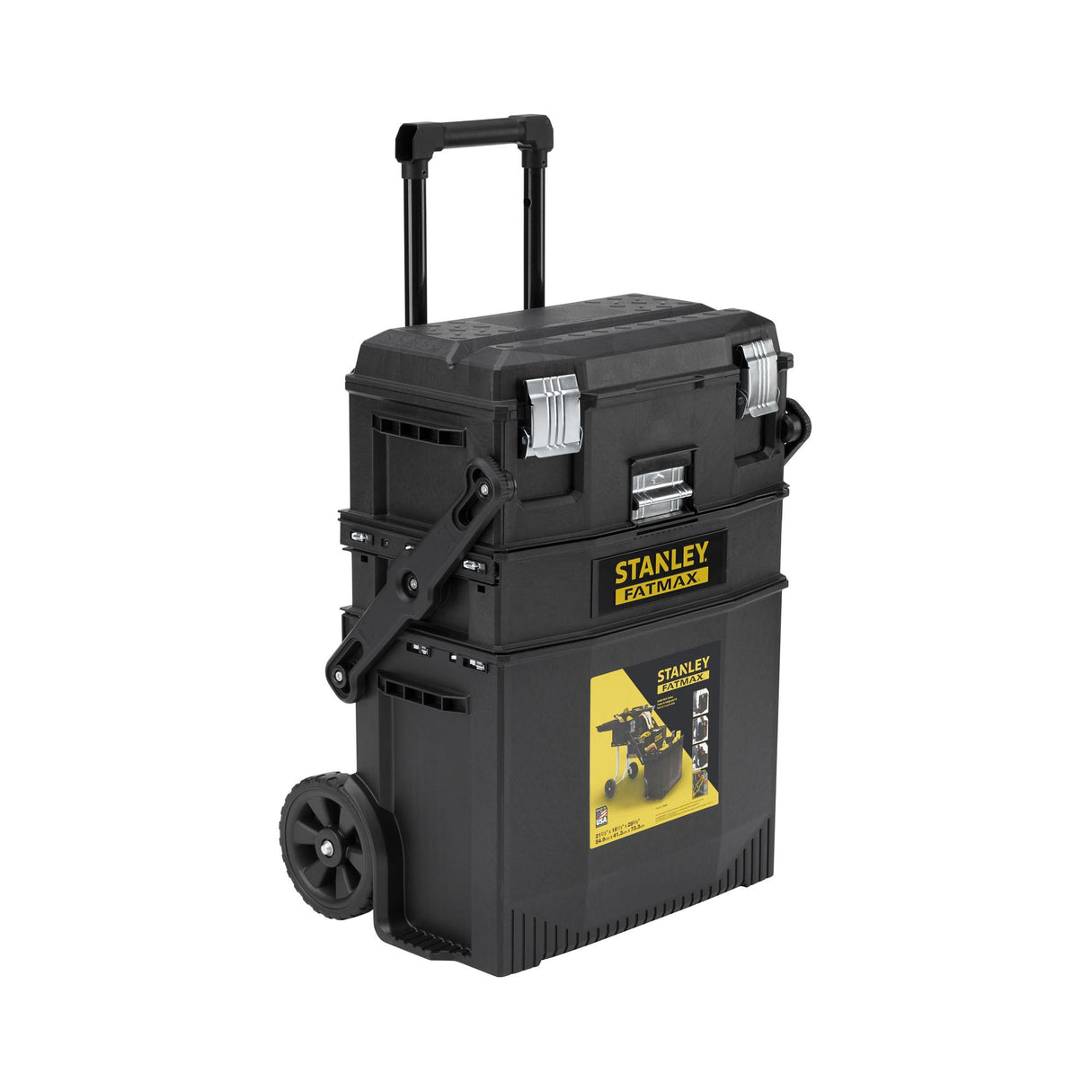 Coffre à outils Stanley Fatmax noir, valise de rangement à roulettes pour outillage.