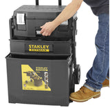 Coffre à outils Stanley Fatmax noir, grande capacité, avec compartiments et roulettes.