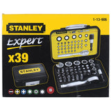 Coffret d'embouts et cliquet Stanley, type outillage manuel, couleur jaune et noir.