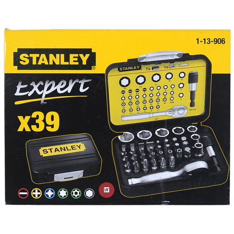 Coffret d'embouts et cliquet Stanley, type outillage manuel, couleur jaune et noir.