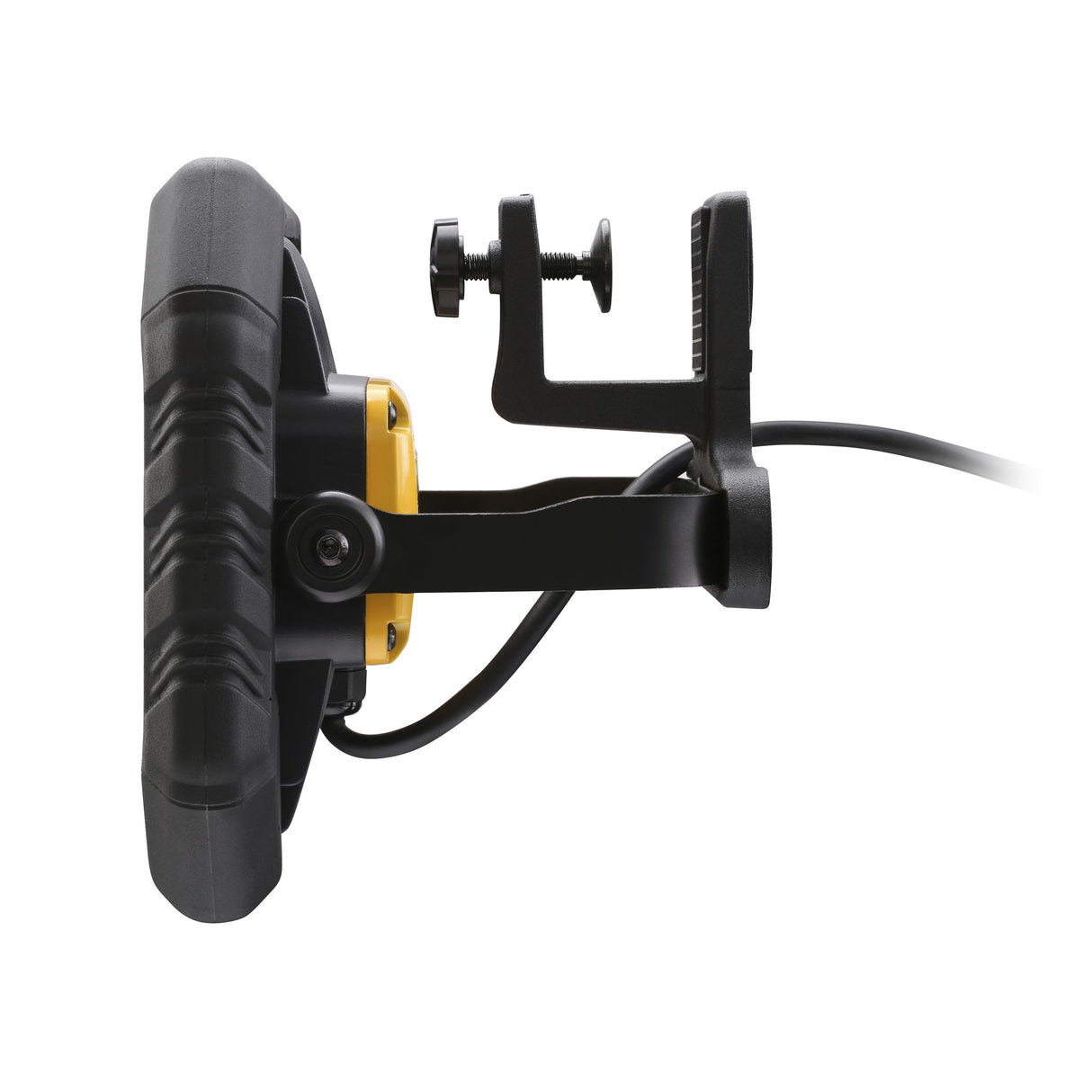 Projecteur chantier Facom, noir et jaune, vue latérale avec support de fixation