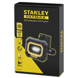 Projecteur rechargeable Stanley Fatmax LED, noir et jaune, sur emballage.
