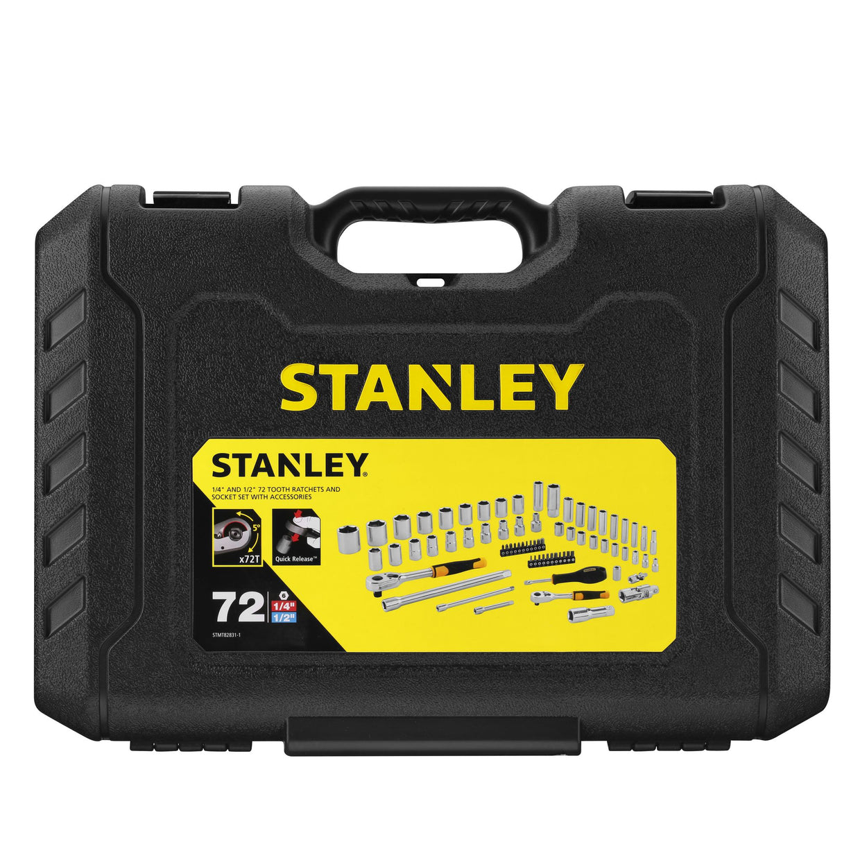 Mallette noire Stanley, coffret à douilles et cliquets, outils métalliques argentés