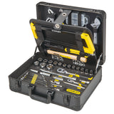 Mallette à outils Stanley noire et jaune, outillage complet pour bricolage et plomberie.